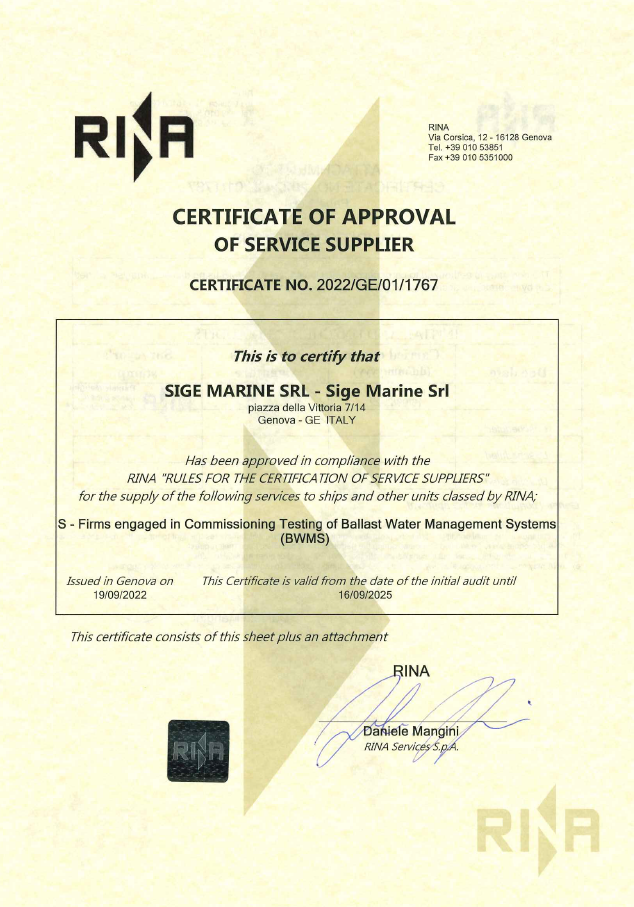 Certificazione Ballast Water Commissioning Testing